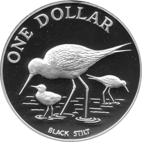 Neuseeland 1 Dollar 1985 - Einheimische Vogelwelt "Schwarzer Stelzenläufer" - Silber PP