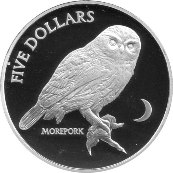 Neuseeland 5 Dollars 1999 - Einheimische Vogelwelt "Morepork" - Silber PP