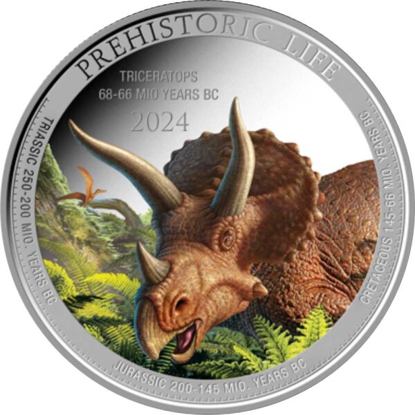 Kongo Prehistoric Life II 1. Ausgabe 2024 Triceratops 1 oz Silber - Coloriert