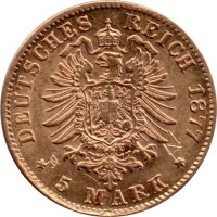 J.185 Baden 5 Mark 1877 - Großherzog Friedrich I. - Gold -vz