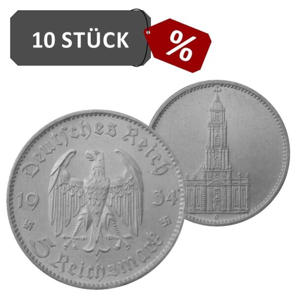 J.357 III. Reich 5 RM Garnisonskirche o. I. 10 Stück 900/1000 Silber