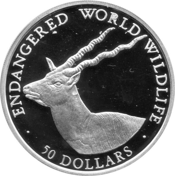 Cook Islands 50 Dollars 1990 - Bedrohte Tierwelt "Hirschziegenantilope" - Silber PP