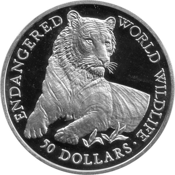 Cook Islands 50 Dollars 1990 - Bedrohte Tierwelt "Tiger" - Silber PP