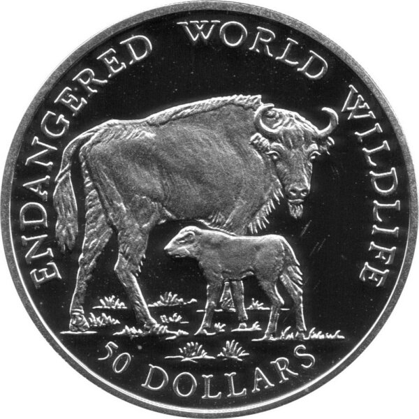 Cook Islands 50 Dollars 1990 - Bedrohte Tierwelt "Europäischer Bison" - Silber PP