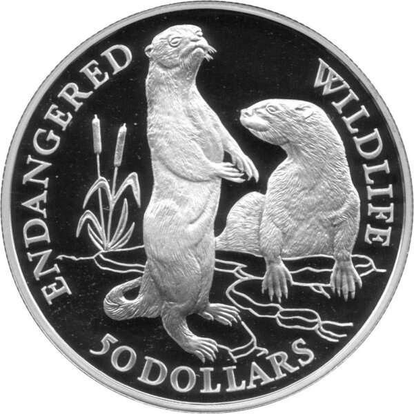 Cook Islands 50 Dollars 1991 - Bedrohte Tierwelt "Europäische Otter" - Silber PP