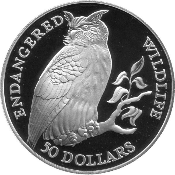 Cook Islands 50 Dollars 1991 - Bedrohte Tierwelt "Gehörnter Uhu" - Silber PP