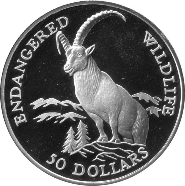 Cook Islands 50 Dollars 1991 - Bedrohte Tierwelt "Alpensteinbock" - Silber PP