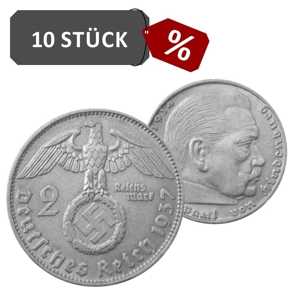 III. Reich 2 RM Hindenburg 10 Stück 625/1000 Silber