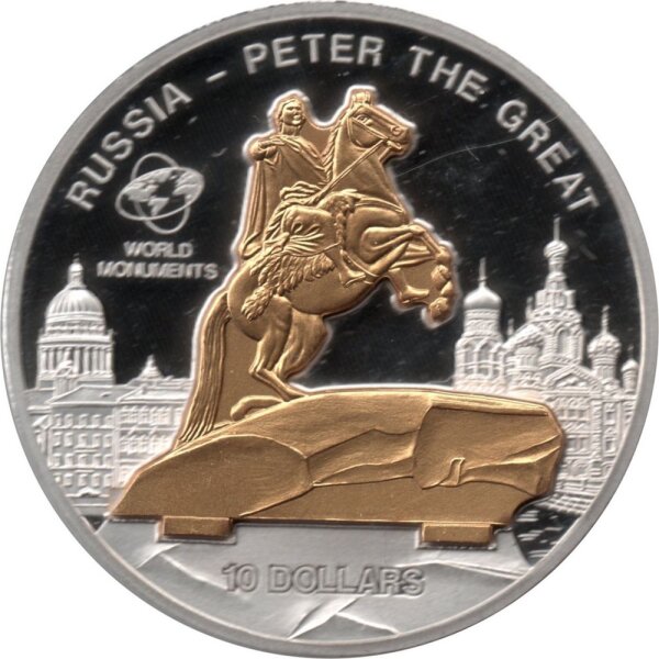 Cook Islands 10 Dollars 2009 - Weltdenkmäler "Peter der Große" - Silber PP Skulpturmünze teilvergoldet