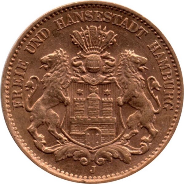 J.208 Hamburg 5 Mark 1877 - Stadtwappen - Gold -vz