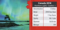 Kanada Maple Leaf 2018 - Northern Lights "Quebec" 1 oz Silber coloriert