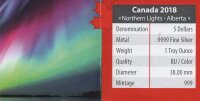 Kanada Maple Leaf 2018 - Northern Lights "Alberta" 1 oz Silber coloriert