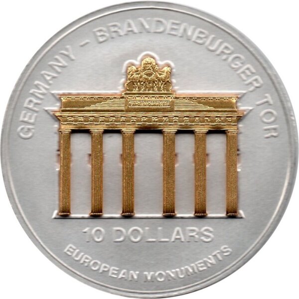 Nauru 10 Dollars 2002 - Europäische Denkmäler "Brandenburger Tor in Berlin" - Silber PP Skulpturmünze teilvergoldet