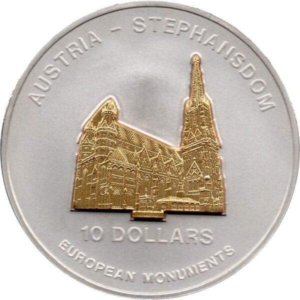 Nauru 10 Dollars 2005 - Europäische Denkmäler "Stephansdom in Wien" - Silber PP Skulpturmünze teilvergoldet