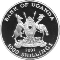 Uganda 1.000 Shillings 2001 - XVII. Fußball WM 2002 in Korea und Japan - Bronze silberplattiert PP