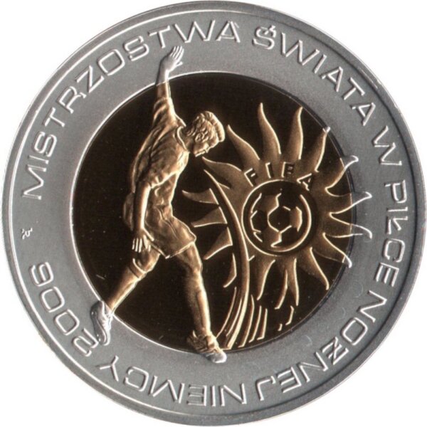 Polen 10 Zlotych 2006 - XVIII. Fußball WM 2006 in Deutschland - Silber PP vergoldetes Zentrum