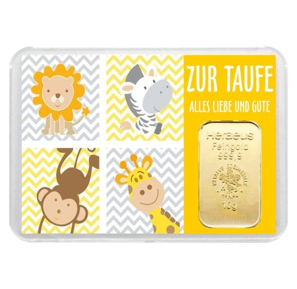 Geschenkbarren "Zur Taufe - Tiere" 10 Gramm Gold