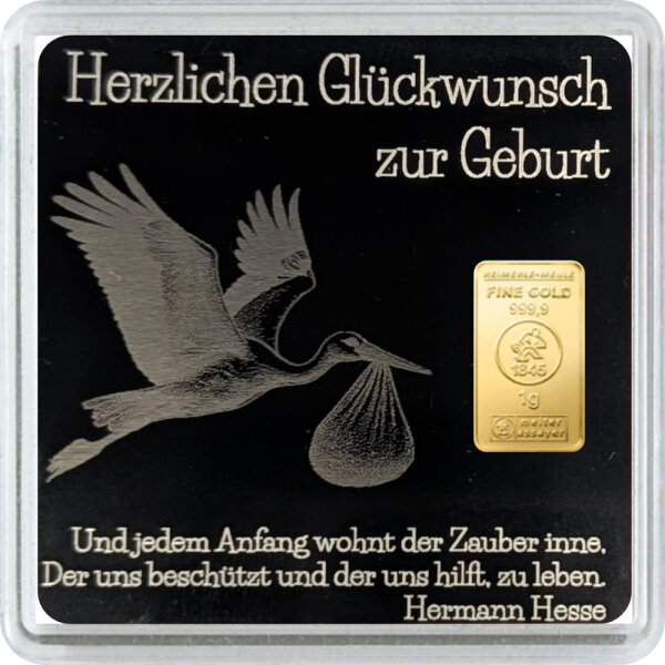 Geschenkbarren Premium - 1 Gramm Goldbarren - Herzlichen Glückwunsch zur Geburt