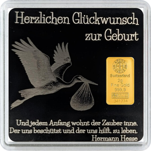 Geschenkbarren Premium - 2 Gramm Goldbarren - Herzlichen Glückwunsch zur Geburt