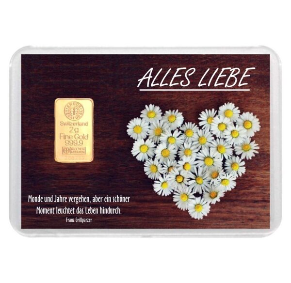 Geschenkbarren "Alles Liebe - Gänseblümchen" 2 Gramm Gold
