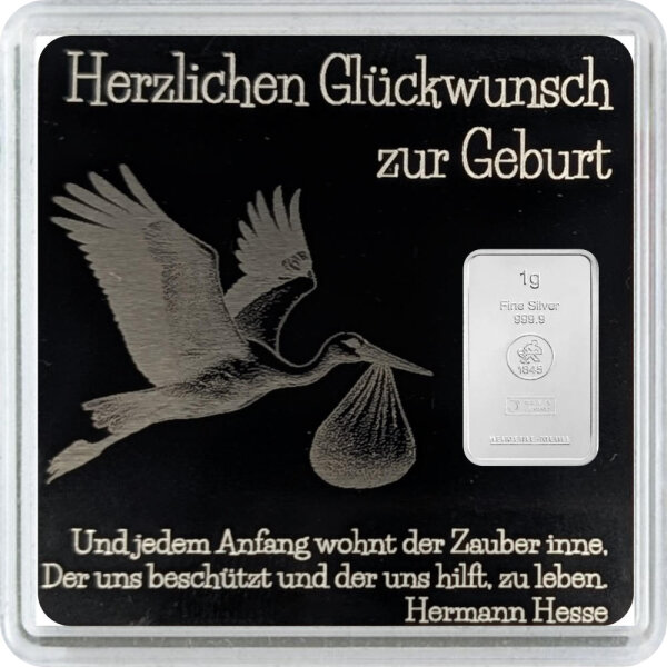 Geschenkbarren Premium - 1 Gramm Silberbarren - Herzlichen Glückwunsch zur Geburt