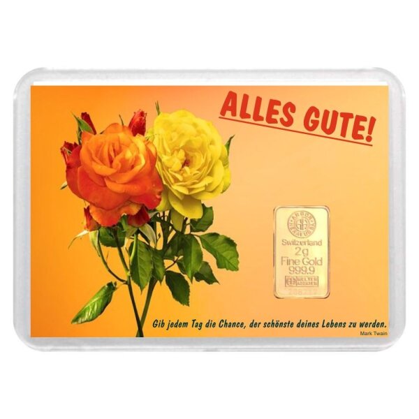 Geschenkbarren "Alles Gute - Rose" 2 Gramm Gold