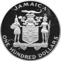 Jamaica 100 Dollar 1990 - XIII. Fußball WM 1990 in Italien "Spieler mit Ball" - Silber PP