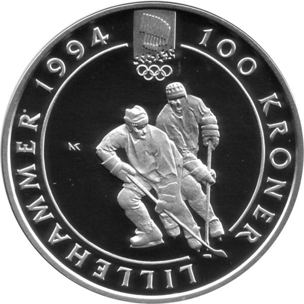 Norwegen 100 Kroner 1992 - Harald V. XVII. Olympische Winterspiele 1994 in Lillehammer - Silber PP
