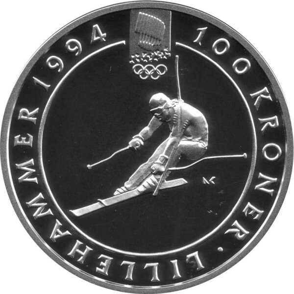 Norwegen 100 Kroner 1993 - Harald V. XVII. Olympische Winterspiele 1994 in Lillehammer - Silber PP
