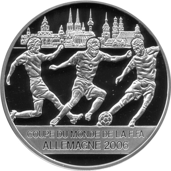 Kongo 10 Francs 2006 - XVIII. Fußball WM 2006 in Deutschland "Drei Spieler" - Silber PP