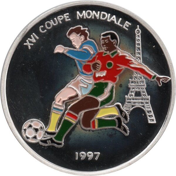 Kongo 1.000 Francs 1997 - XVI. Fußball WM 1998 in Frankreich "Zwei Spieler vor Eifelturm" - Silber PP teilcoloriert