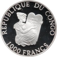 Kongo 1.000 Francs 1997 - XVI. Fußball WM 1998 in Frankreich "Zwei Spieler vor Eifelturm" - Silber PP teilcoloriert