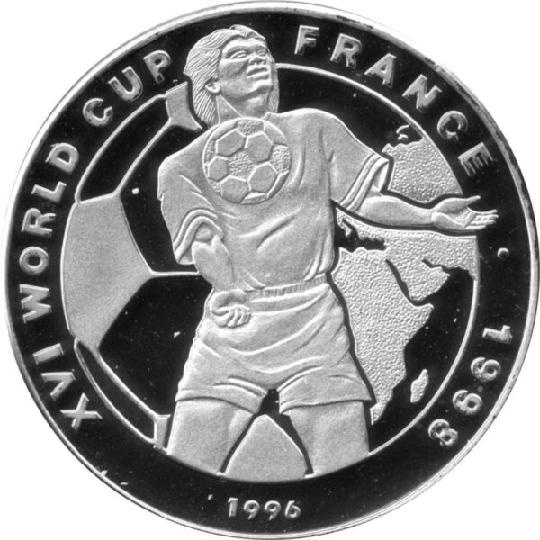 Laos 50 Kip 1996 - XVI. Fußball WM 1998 in Frankreich "Spieler mit Ball" - Silber PP
