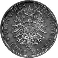 J.097 Preußen 5 Mark 1876 -B- Kaiser Wilhelm I. - Silber vz
