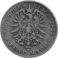 J.067 Hessen-Darmstadt 5 Mark 1875 -H- Großherzog Ludwig IIII. - Silber s