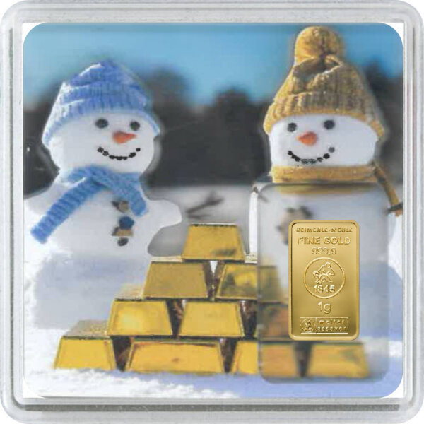 Geschenkbarren Premium - 1 Gramm Goldbarren - Weihnachten Schneemann