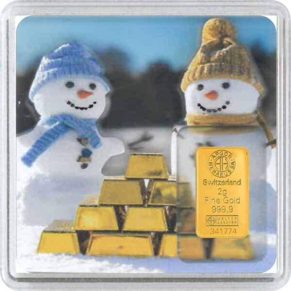 Geschenkbarren Premium - 2 Gramm Goldbarren - Weihnachten Schneemann