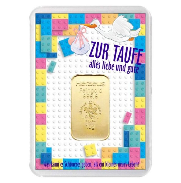 Geschenkbarren "Zur Taufe - Storch" 10 Gramm Gold