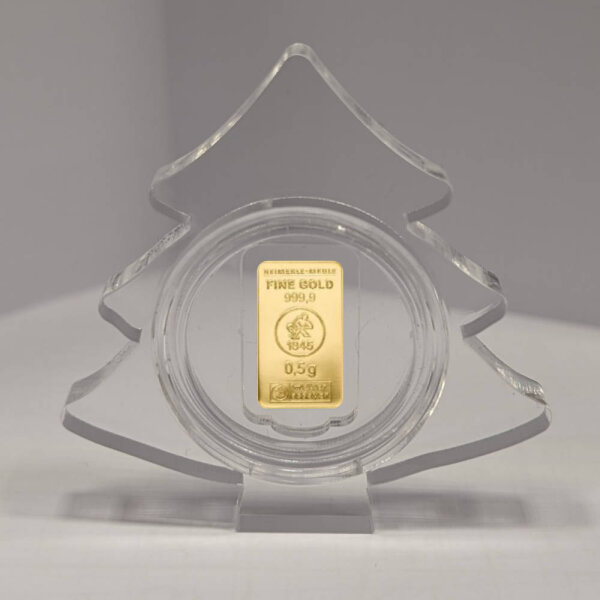 Geschenkbarren Premium - 0,5 Gramm Goldbarren - Weihnachten Acrylglas Christbaum