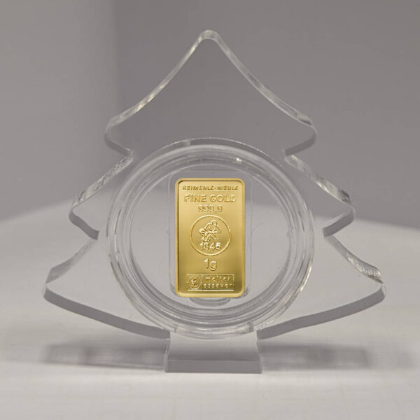 Geschenkbarren Premium - 1 Gramm Goldbarren - Weihnachten Acrylglas Christbaum