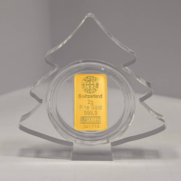 Geschenkbarren Premium - 2 Gramm Goldbarren - Weihnachten Acrylglas Christbaum