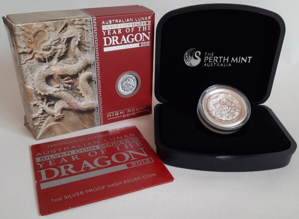 Australien Lunar II 2012 Jahr des Drachen 1 oz Silber PP High Relief