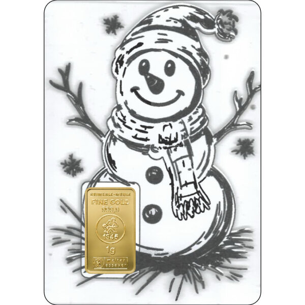 Geschenkbarren Premium XXL - 1 Gramm Goldbarren - Weihnachten Schneemann