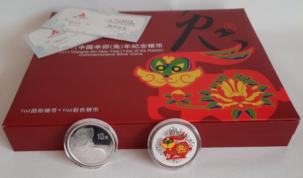 China Lunar II 2011 Jahr des Hasen Set 2 x 1 oz Silber PP