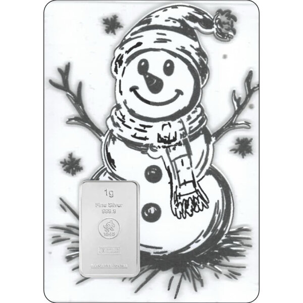 Geschenkbarren Premium XXL - 1 Gramm Silberbarren - Weihnachten Schneemann
