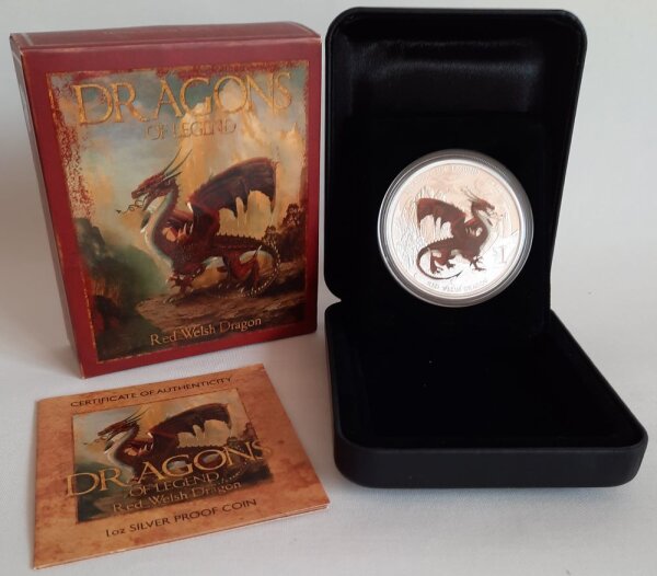 Tuvalu 1 Dollar 2012 - Dragons of Legend "Red Welsh Dragon" - 1 oz Silber PP teilcoloriert
