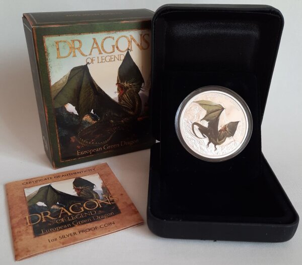 Tuvalu 1 Dollar 2013 - Dragons of Legend "European Green Dragon" - 1 oz Silber PP teilcoloriert