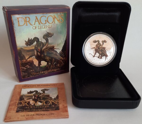 Tuvalu 1 Dollar 2013 - Dragons of Legend "Three Headed Dragon" - 1 oz Silber PP teilcoloriert