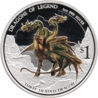 Tuvalu 1 Dollar 2013 - Dragons of Legend "Three Headed Dragon" - 1 oz Silber PP teilcoloriert