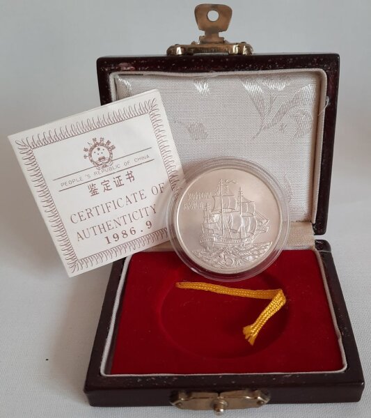 China 5 Yuan 1986 - Geschichte der Seefahrt "Kaiserin von China" -  Silber in Originalbox